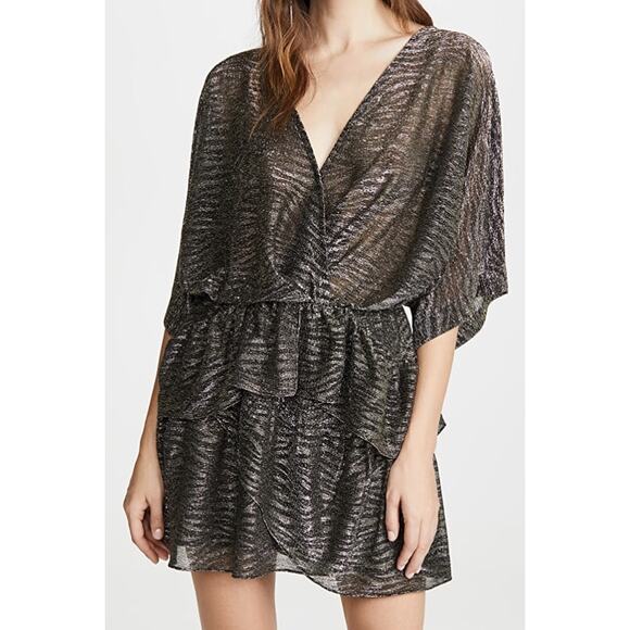 IRO Wide Shimmer Sheer Plunging Neck Blouson Mini Dress Black Women's 36 / US 4 - Picture 1 of 6